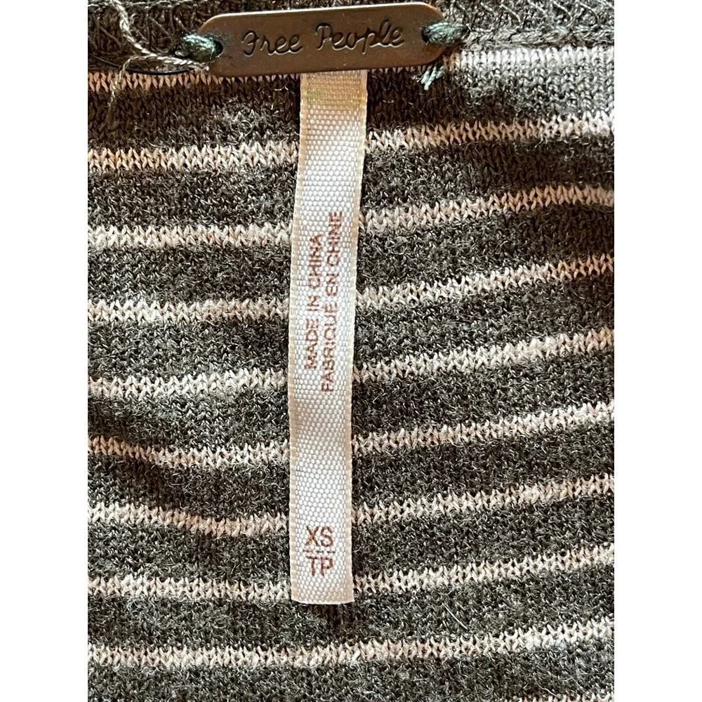 Free People Olive Green Stripe Crochet Sides Linen Blend Long Sleeve Top Size XS